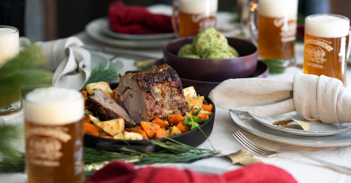 Schweinebraten in Bier-Senf-Soße mit Spinatknödeln und Wurzelgemüse